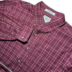 LL Bean Dress Shirt‎ L Burgandy Plaid Wrinkle Free Traditional Fit Men's Shirt
